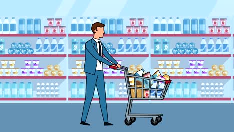 el personaje de los dibujos animados flat businessman walk viene con la animación del carrito de compras.