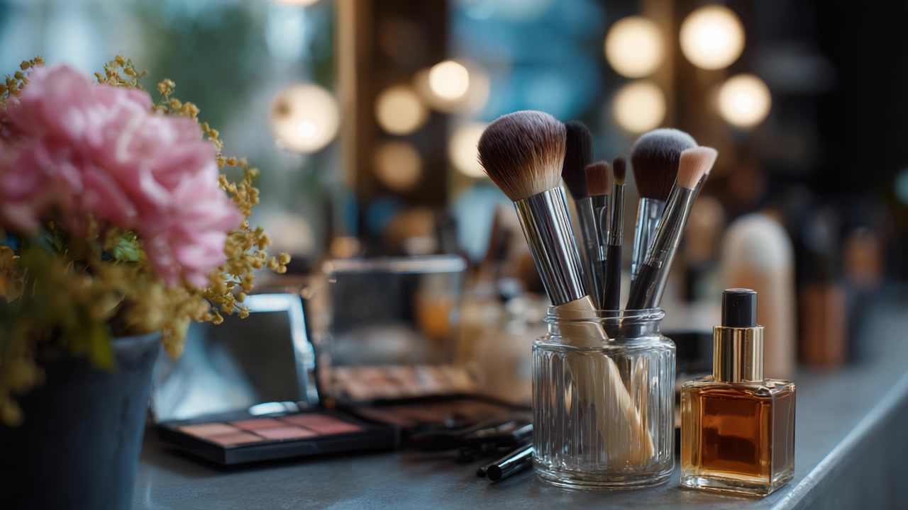 An Elegant Display of Makeup Essentials Featuring Brushes, Fragrances, and Beauty Tools on a Vanity Table Surrounded by a Soft Ambiance of Lights and Flowers