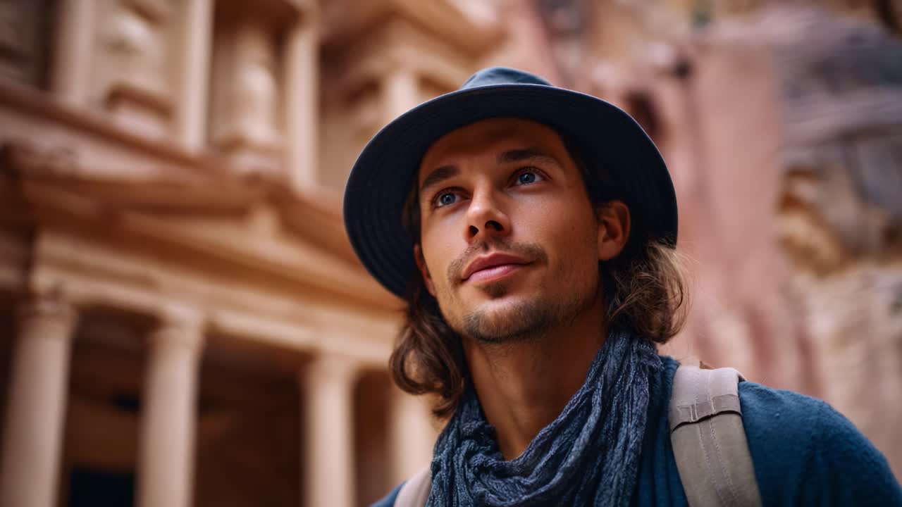 Un viaggiatore riflessivo con cappello e sciarpa ammira l'antica architettura in un sito storico mozzafiato, catturando l'essenza dell'esplorazione e della scoperta
