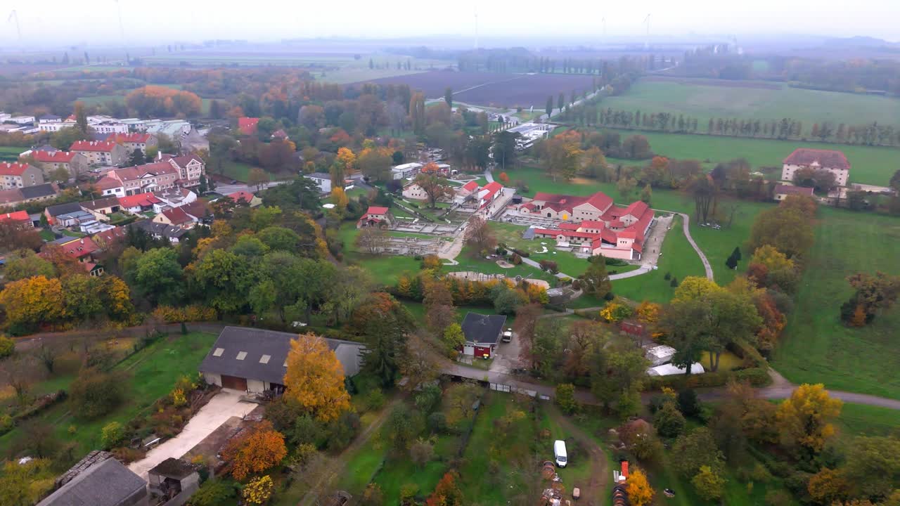 Autumn Nature At The Roman Town Of Carnuntum In Petronell-Carnuntum, Austria. Aerial Drone Shot