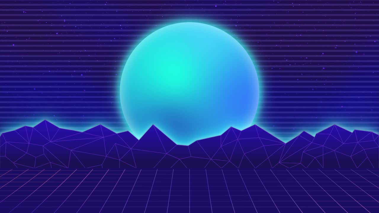 Rete wireframe synthwave. Tramonto sulle montagne. Stile anni '80, Sfondo Retro Futurismo. Intro VHS. Stile cyberpunk. Paesaggio all'orizzonte, luci al neon, cielo stellato. Loop continuo vintage. Vaporwave.