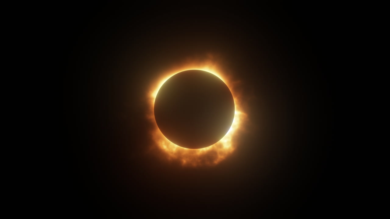 Total Solar Eclipse with Moon Blocking Light from the Sun as it Passes in Front of the Earth Creating Ring of Fire. Space Science Clip on Black Background VFX.