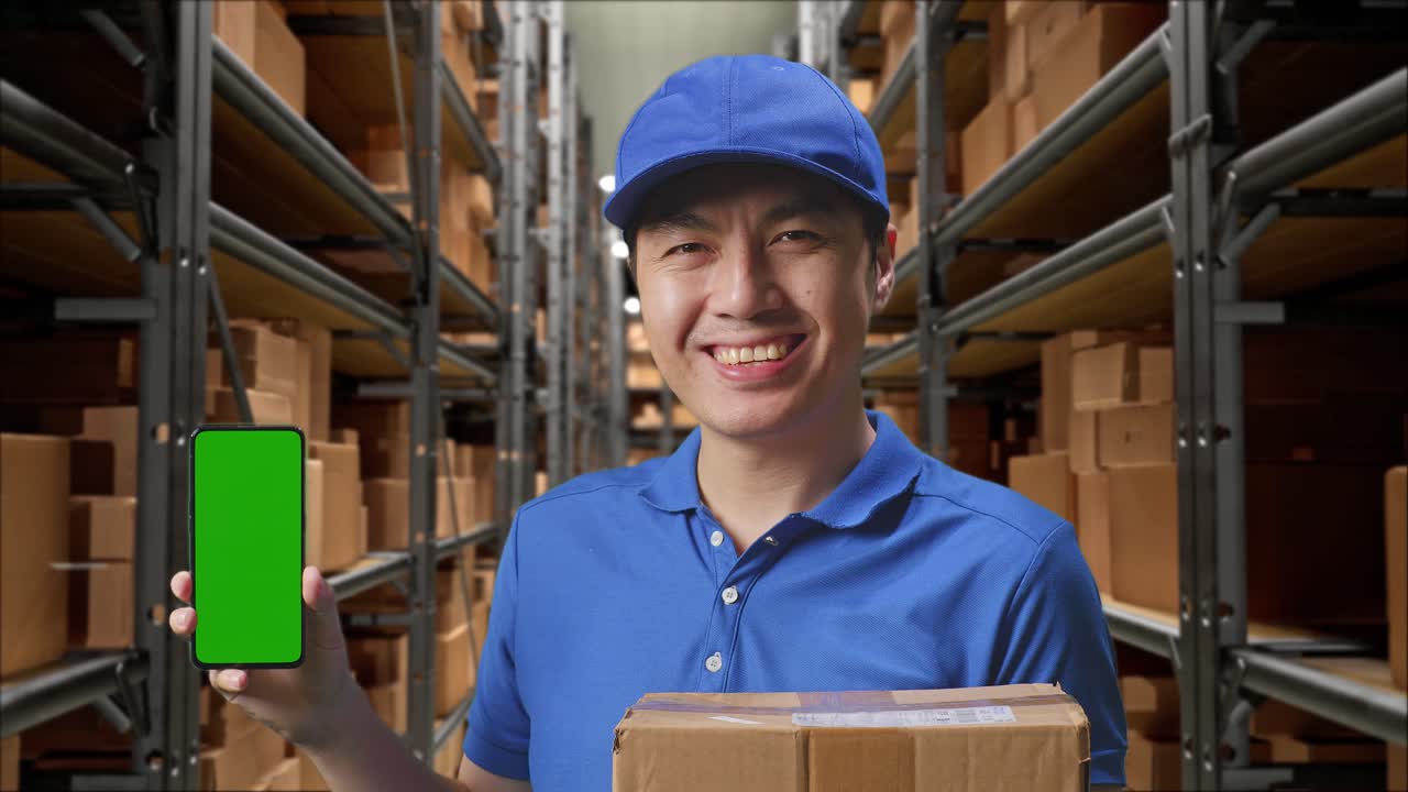 primer plano de un mensajero masculino asiático en uniforme azul sonriendo y mostrando una pantalla verde del teléfono inteligente mientras entrega una caja en el almacén