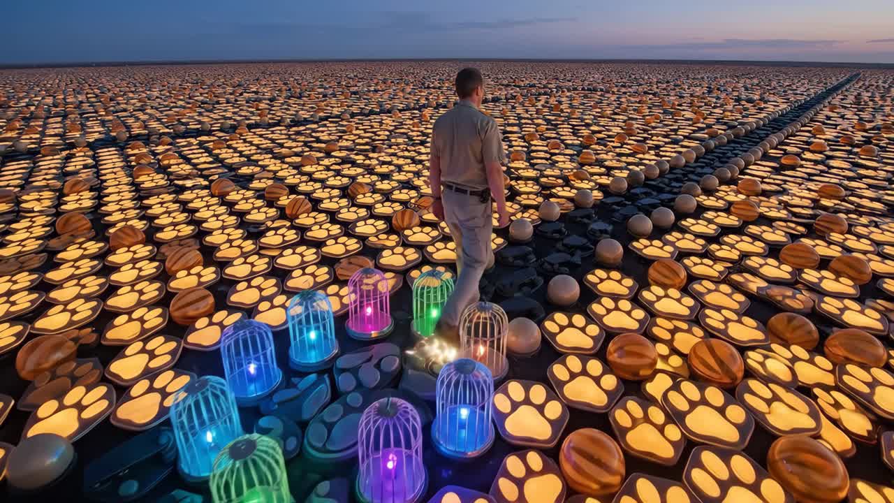 Man Walks on a Surreal Landscape of Glowing Paw Prints and Colorful Cages