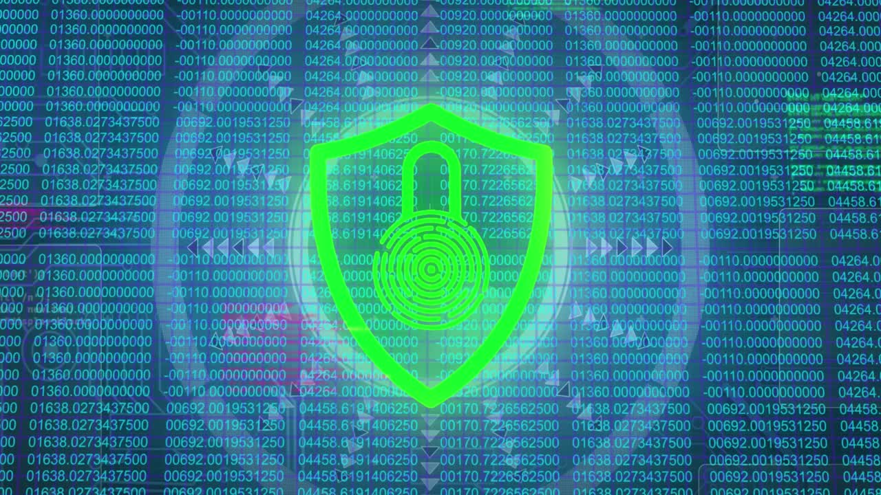 animación de un candado verde y rojo parpadeante sobre el escáner y el procesamiento de datos