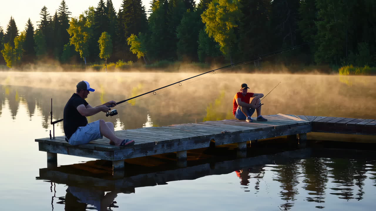 Two Men Fishing at Sunrise on a Wooden Pier