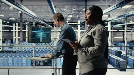 server room tech support specialist guides clients set up data backups