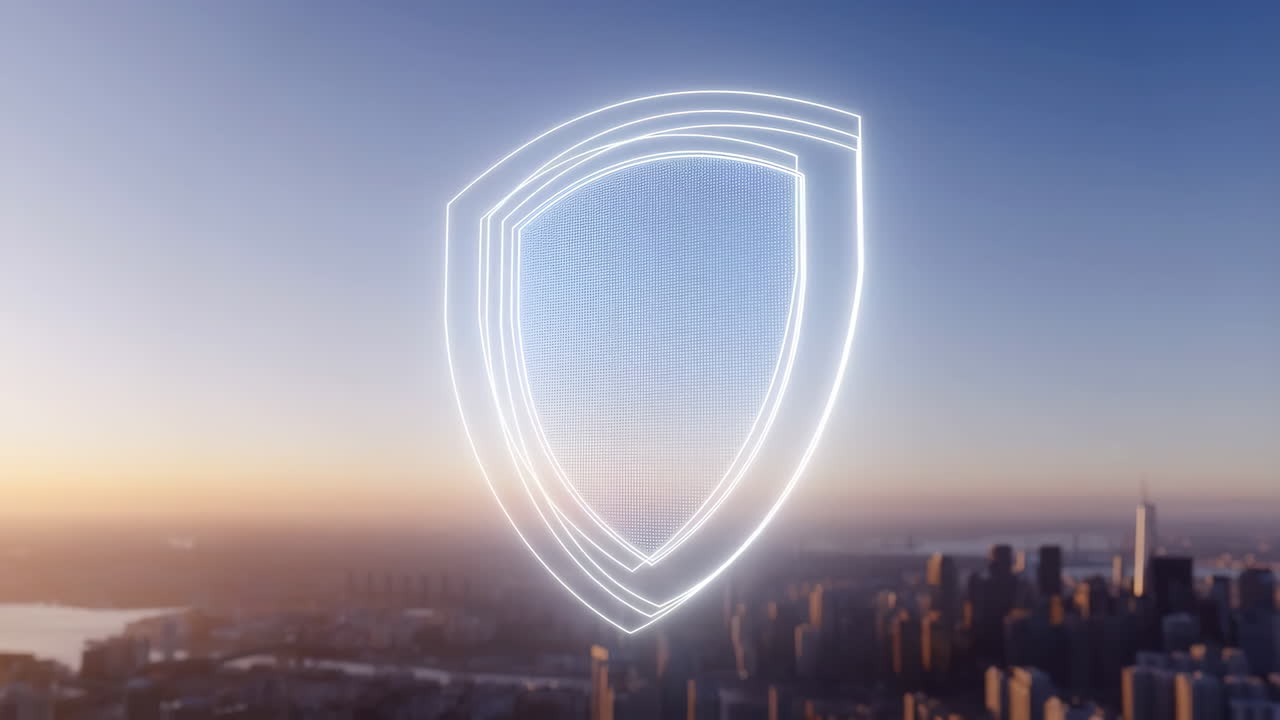 Digital Security Shield Over City Skyline