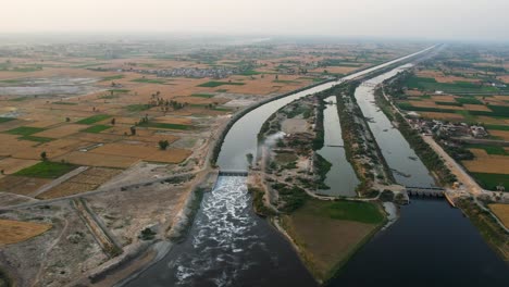 high-angle drone view showing canal bifurcation amid green and yellow farmland in punjab. punjab, pakistan