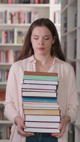 woman carries book stack in college storage. young librarian gathers literature pile for customer walking between bookcases. student education