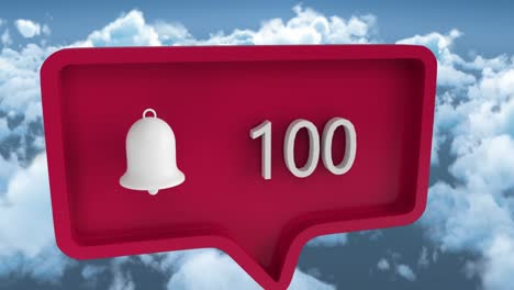 Animation-of-alert-icon-with-numbers-on-speech-bubble-over-sky-and-clouds