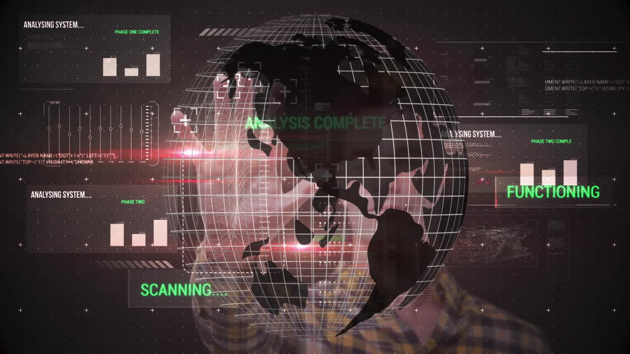 Digital animation of globe scanning with analysis text, person in background