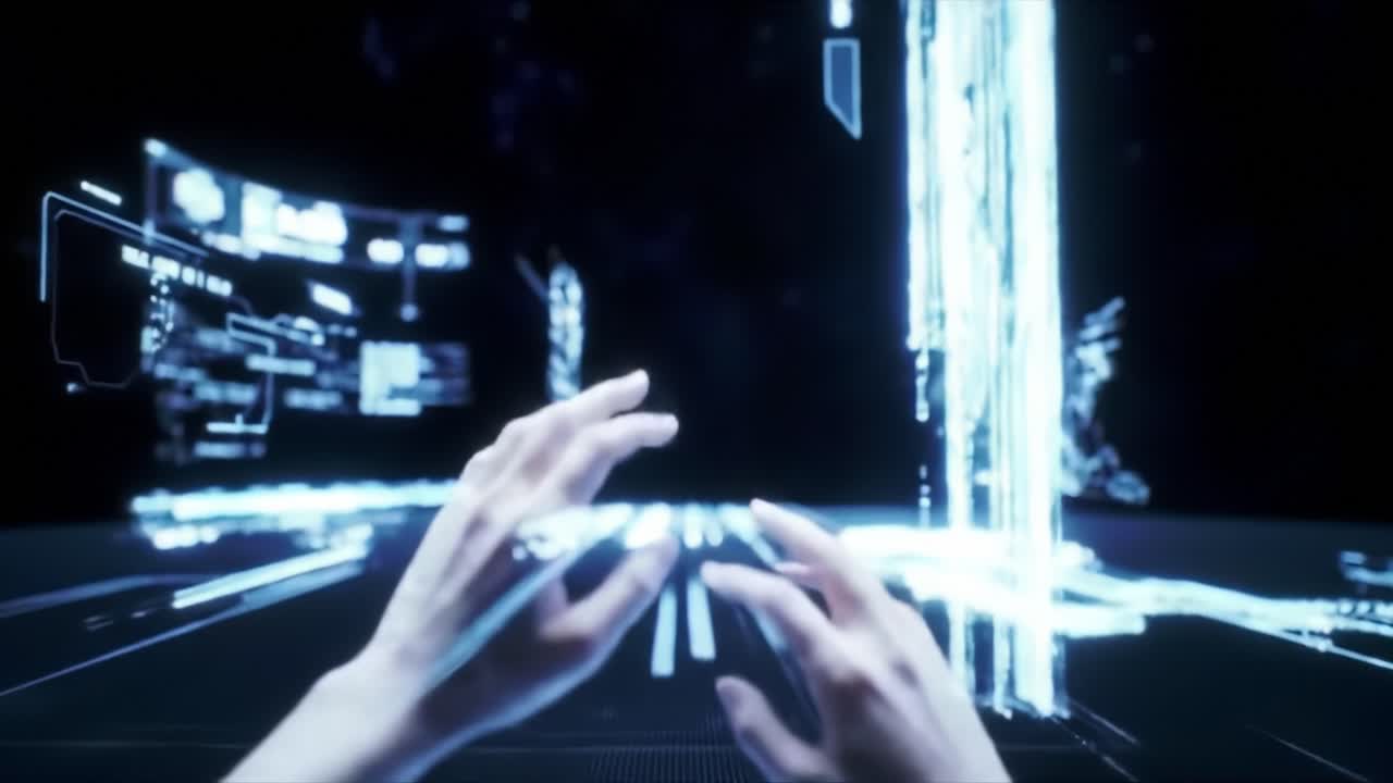 Hands interact with a vibrant digital display featuring glowing elements and intricate data visuals, showcasing futuristic technology in a tech-savvy environment.