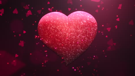 Animation-closeup-motion-big-romantic-hearts-and-glitters-on-red-Valentines-day-shiny-background