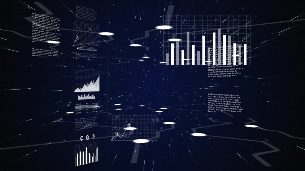 Camera moving forward data panels drifting in lines rising bars growing lights scanning to focus