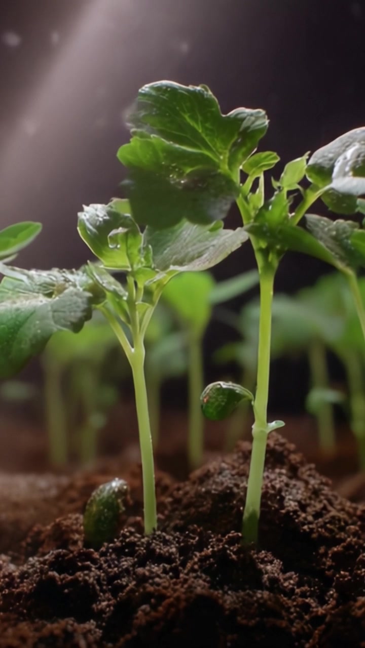 Primo piano di germogli che crescono in terreno fertile, mettendo in risalto le foglie di un verde vibrante e l'ambiente terroso sotto una luce naturale soffusa.
