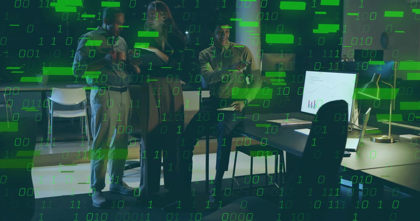Tablet presenter tapping finance chart, causing green binary streams swirling around team in office