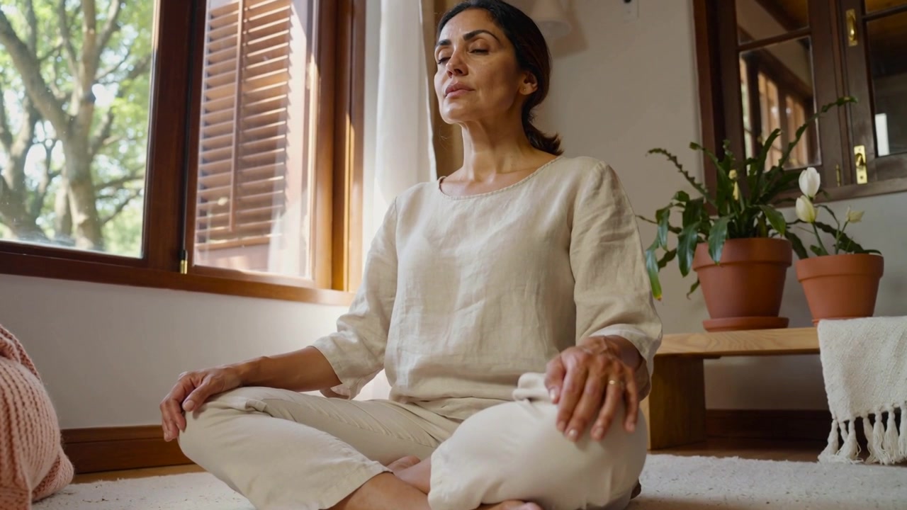 Donna in abbigliamento da casa beige, illuminata da luce soffusa, seduta a meditare su un tappeto vicino a una finestra aperta con un cuscino cilindrico.