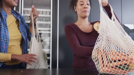 Happy-biracial-lesbian-couple-arriving-home-putting-down-grocery-shopping-in-kitchen,-in-slow-motion