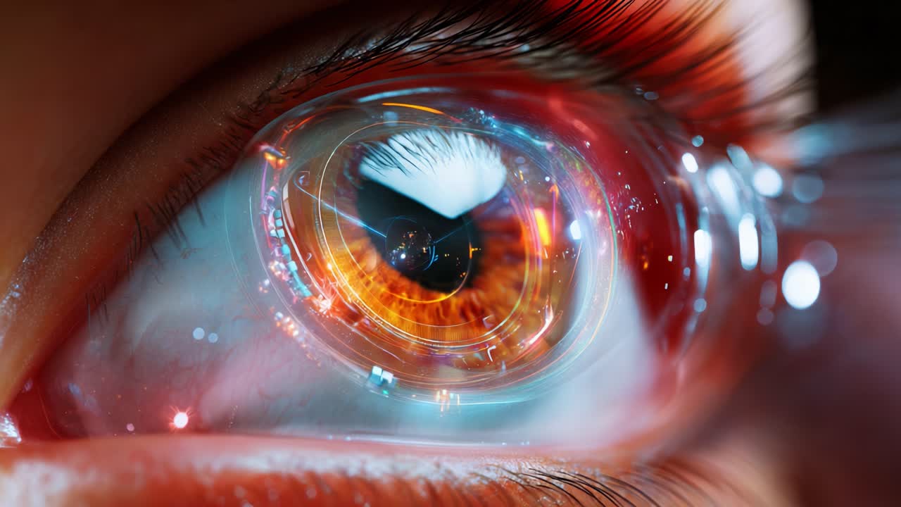 A Mesmerizing Close-Up of an Eye Reflecting Intricate Digital Patterns and Glowing Colors, Merging Nature and Technology in a Stunning Visual Display of Optical Wonder and Science Fiction Aesthetic