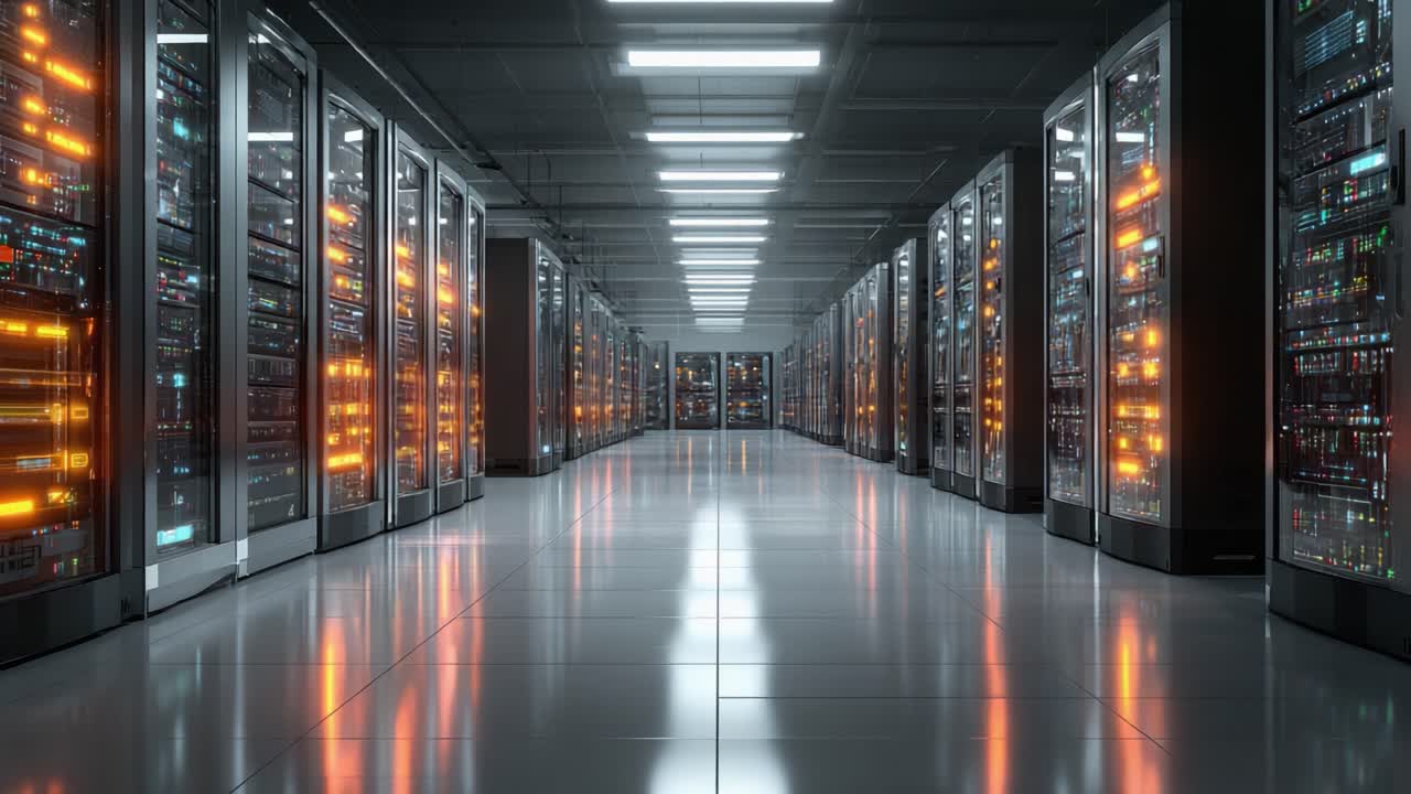 Et højteknologisk datacenter, der viser rækker af servere med oplyste paneler, og fremhæver hjertet af moderne digital infrastruktur og informationsstyring.