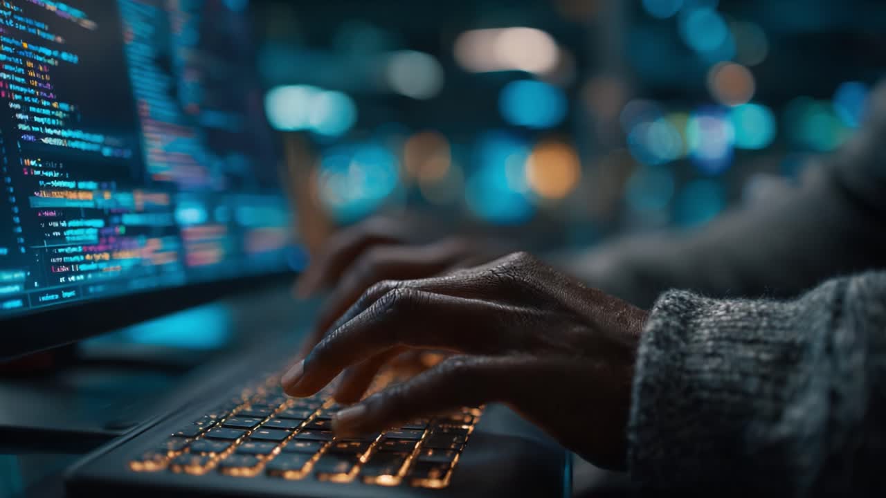 Engaging in Deep Programming: Captivating Moments of Coding with Focused Hands on a Keyboard Amidst a Glowing Computer Screen in a Modern Work Environment