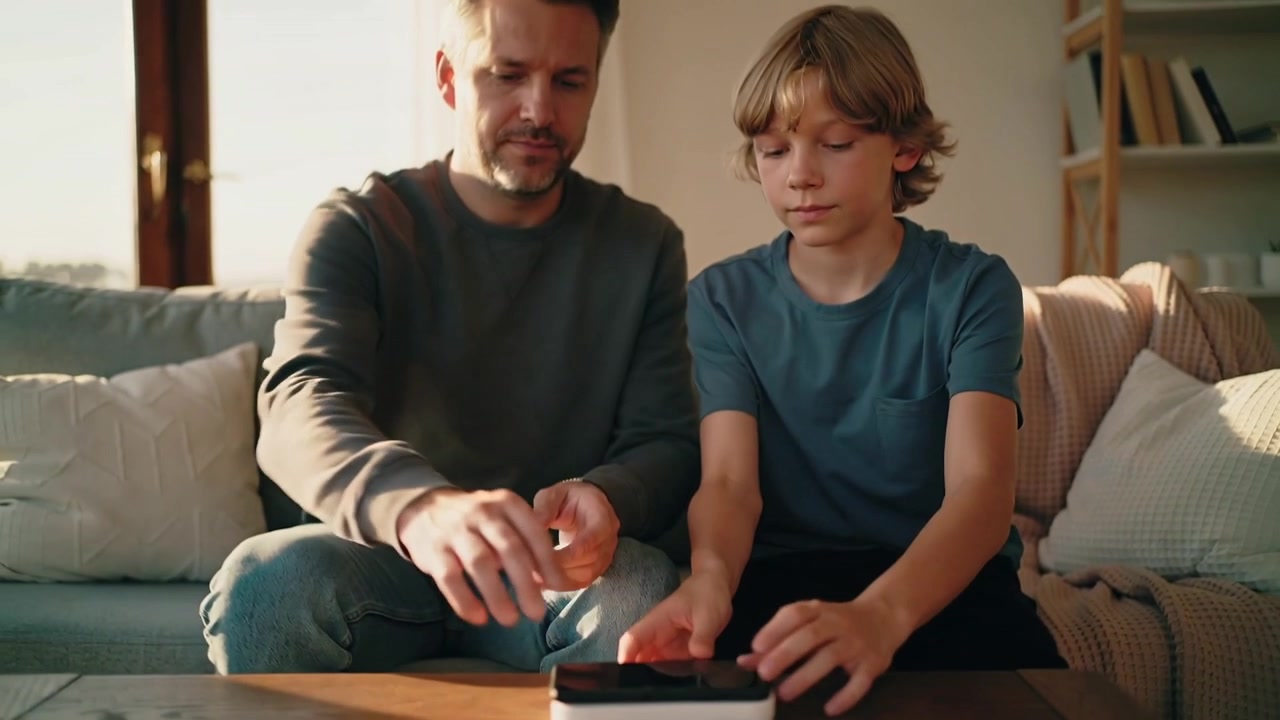 Far i mørk sweatshirt og søn i blå T-shirt lægger telefon på hvid oplader for at oplade derhjemme.