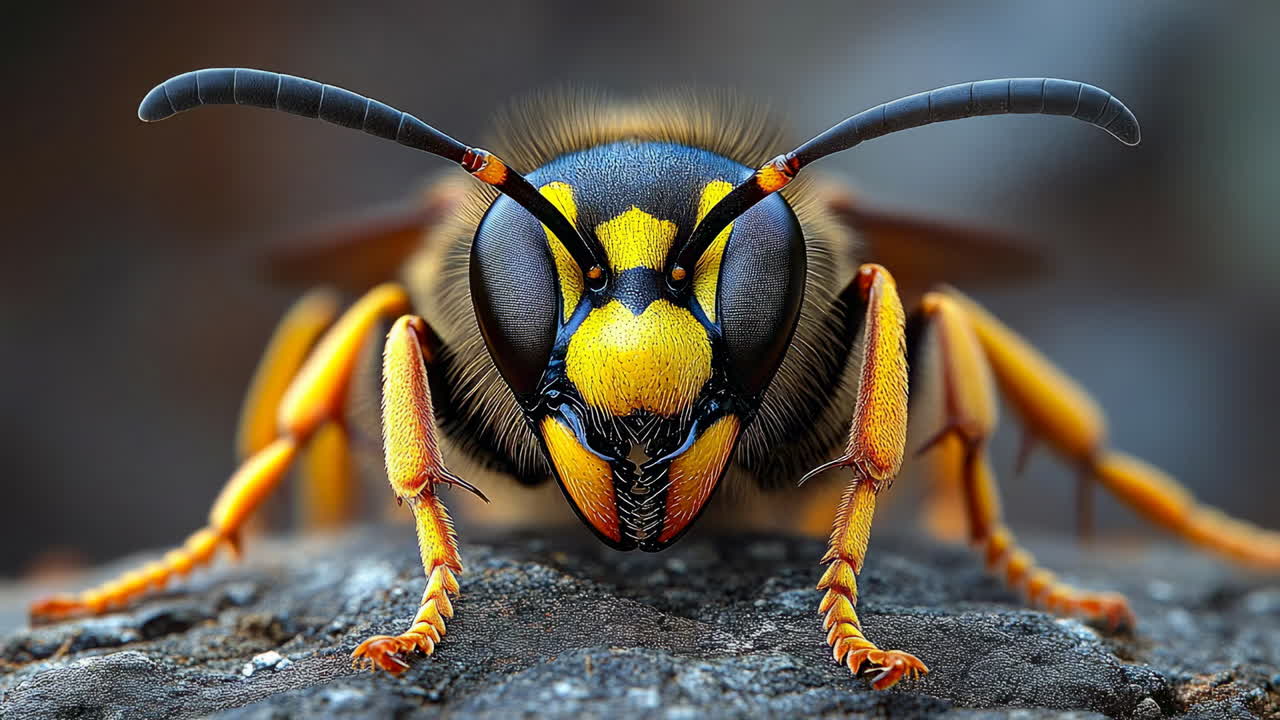 Close-up of a yellow and black insect. A detailed view of a yellow and black insect resting on a surface, showcasing its features and vibrant colors clearly