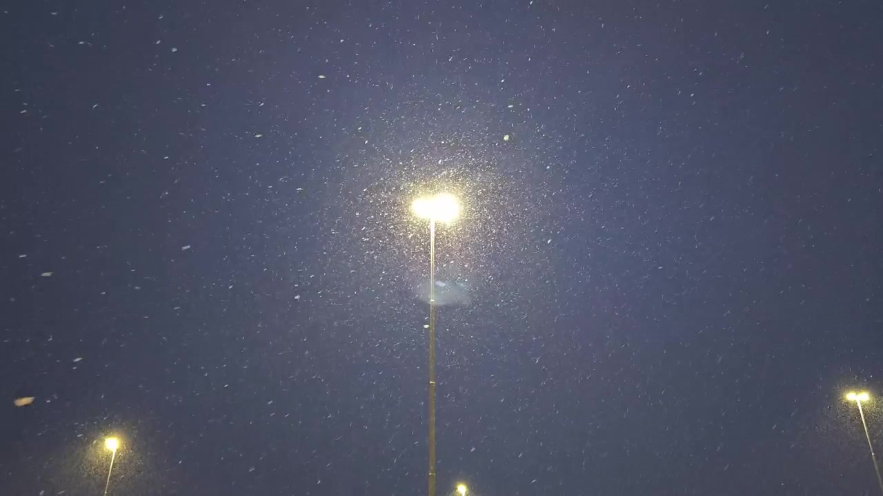 Schneefall und hohe Lichter im Hintergrund.
