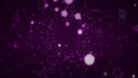 network pattern animating across purple backdrop, featuring white nodes and glowing magenta spheres