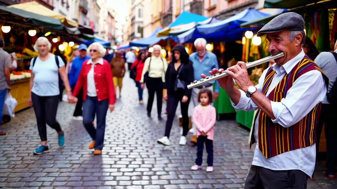 Street Musician Playing Flute in a European Market