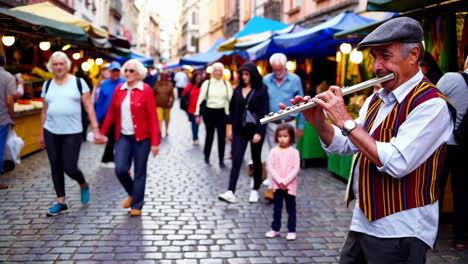 street musician playing flute in a european market