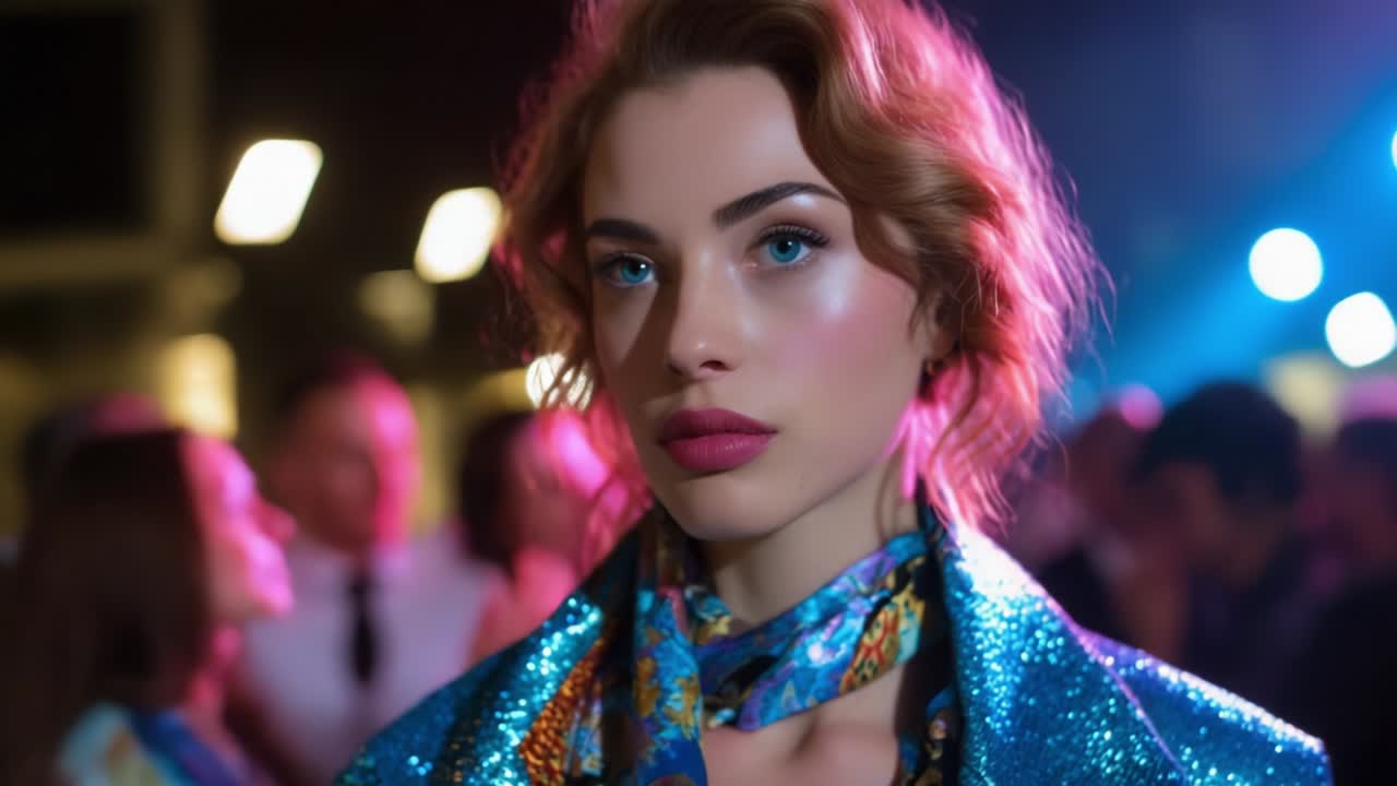 Captivating Portrait of a Glamorous Fashion Model with Striking Features Amidst a Vibrant Event Scene, Showcasing Stunning Makeup and a Dazzling Outfit That Highlights Elegance and Sophistication