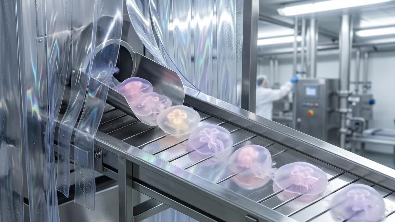 Colorful Translucent Jellyfish-like Objects on a Factory Conveyor Belt