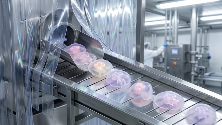 Colorful Translucent Jellyfish-like Objects on a Factory Conveyor Belt