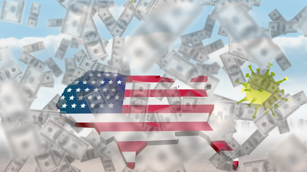 animación de los billetes y el país coloreado con la bandera estadounidense