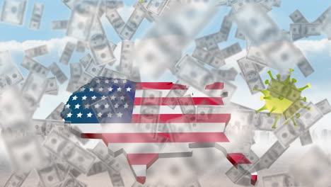 animación de los billetes y el país coloreado con la bandera estadounidense
