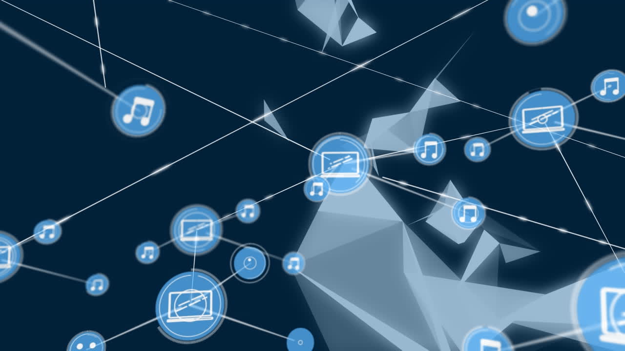 파란색 배경에 떠다니는 플렉서스 네트워크 위의 디지털 아이콘 네트워크의 애니메이션