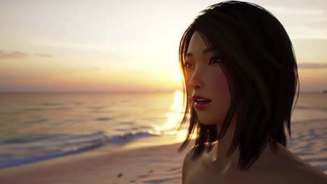 a captivating sunset embrace: a serene portrait of a young woman at the beach capturing the beauty of nature amidst vibrant ocean colors