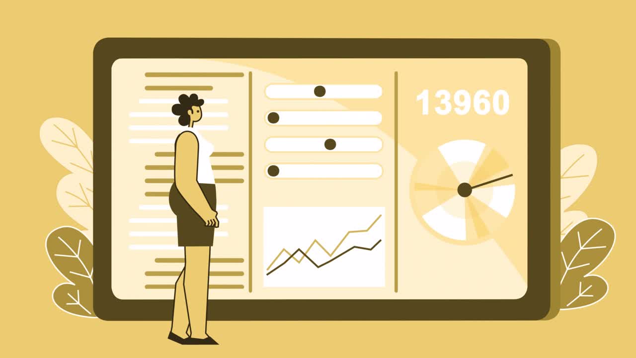 노란색 스타일의 평평한 여성 캐릭터는 태블릿에 있는 정보와 함께 작동합니다. 알파 채널과 함께 고립된 루프 애니메이션.