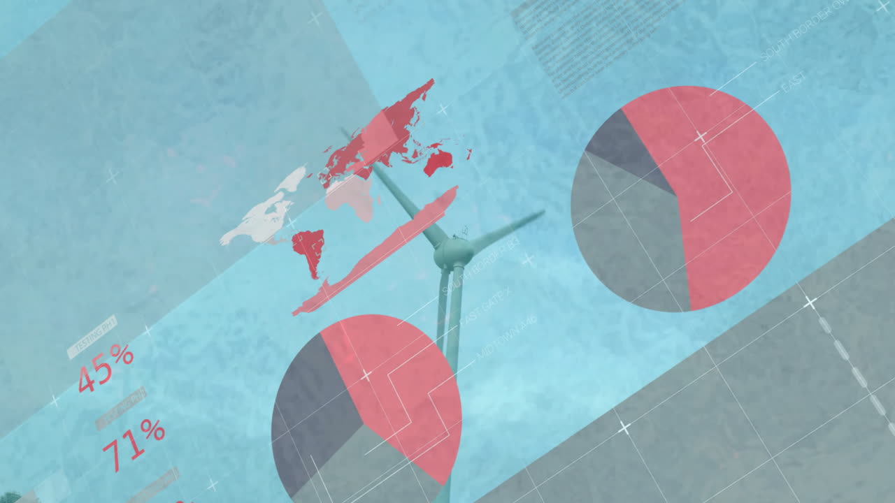 Wind turbine silhouette floating, showing world map overlay, pie charts, schematic lines