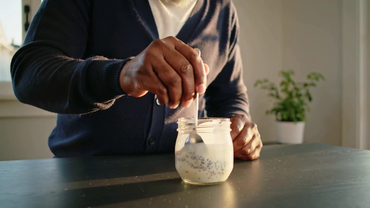 Abbassando il cucchiaio, un uomo di mezza età con un cardigan blu scuro mescola un barattolo di vetro al tavolo della cucina, preparando i semi di chia.