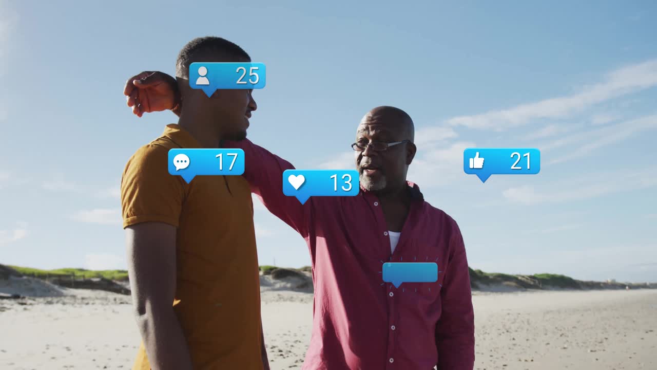 Mentor raising hand guiding content creator on beach as social media icons boosting engagement