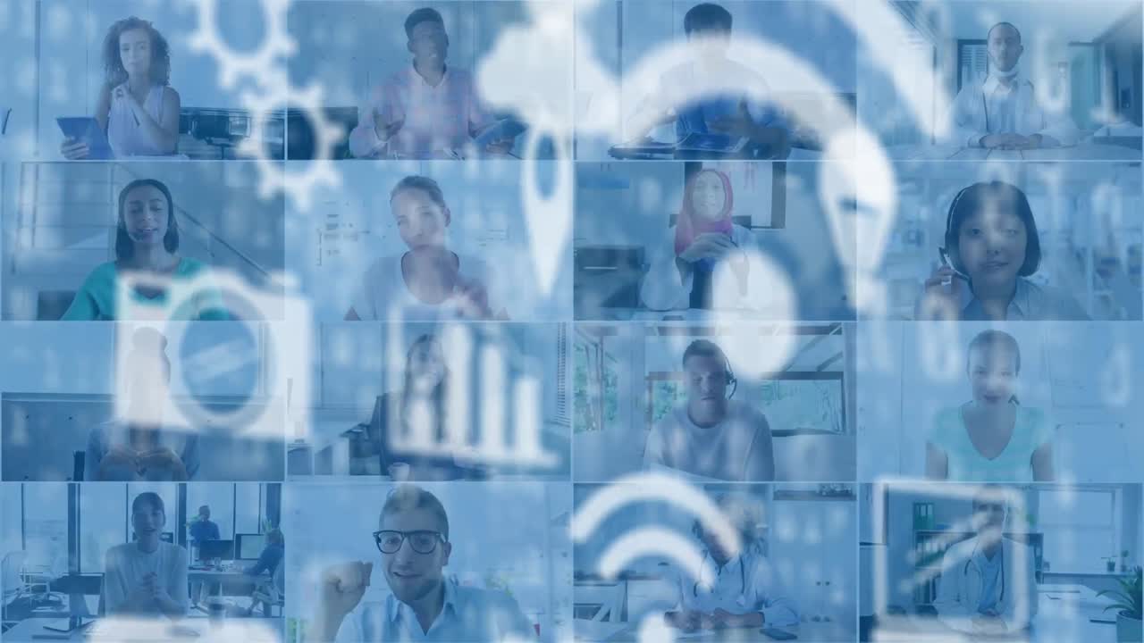 Animation of media icons over diverse business people having video call