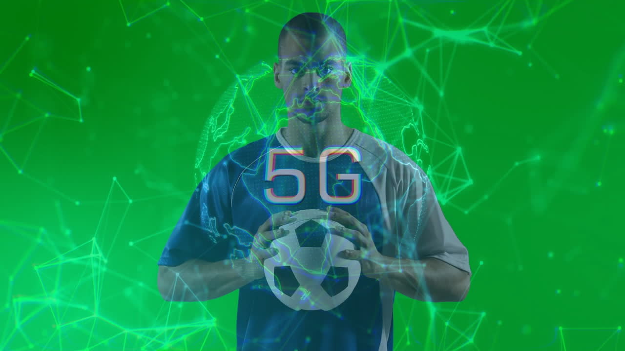 Athlete holding soccer ball with 5G network animation over green background