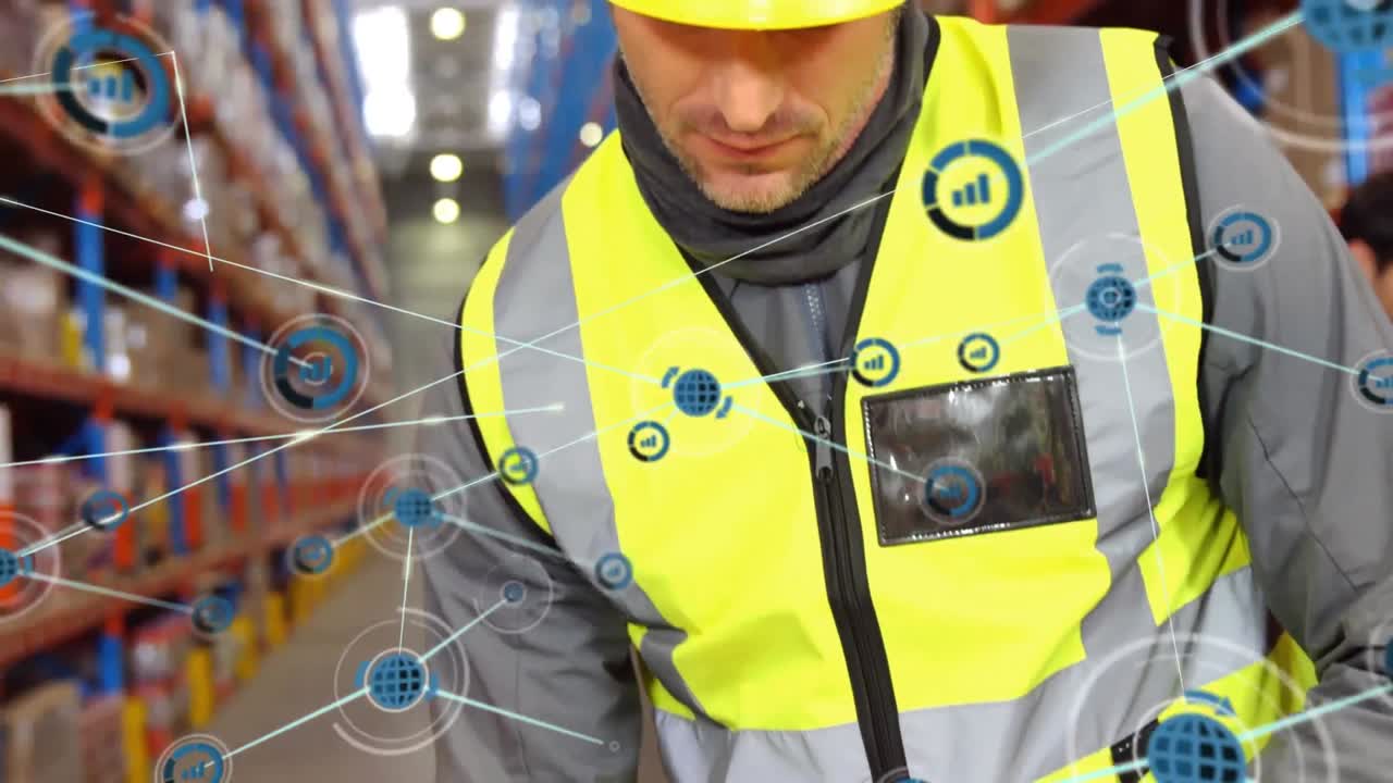 창고에서 일하는 사람에 대한 연결 네트워크의 애니메이션