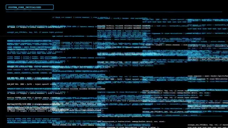Digitaler Computercode scrollt auf dunklem Bildschirm