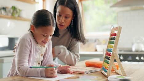 homework, mother and girl with education