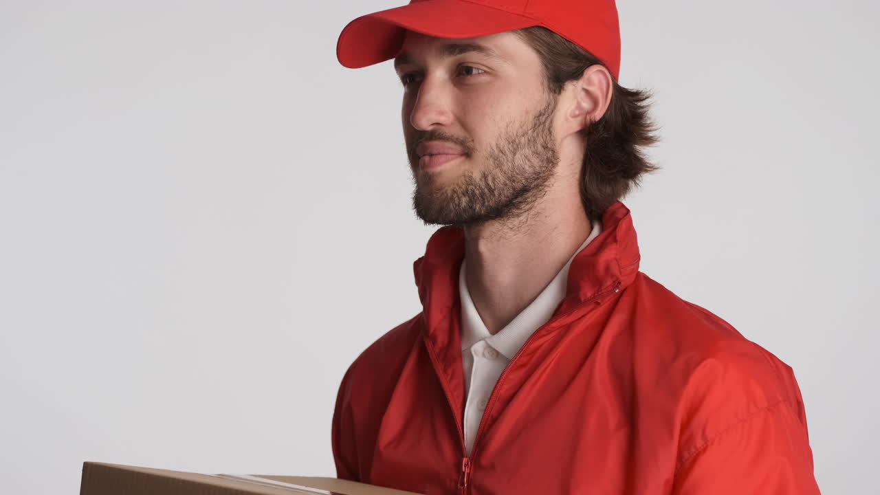 Caucasian delivery man in front of camera on white background.