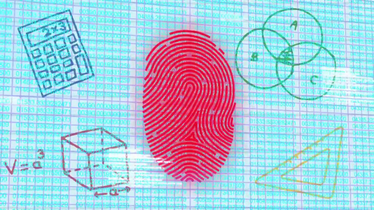 Su una griglia iniziale, un'impronta digitale pulsante e icone con glitch annotano codice scorrevole, visualizzando la sicurezza.